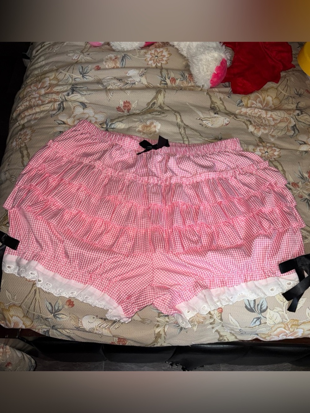 SHEIN Pink Gingham Ruffle Shorts with Black Bow Accents